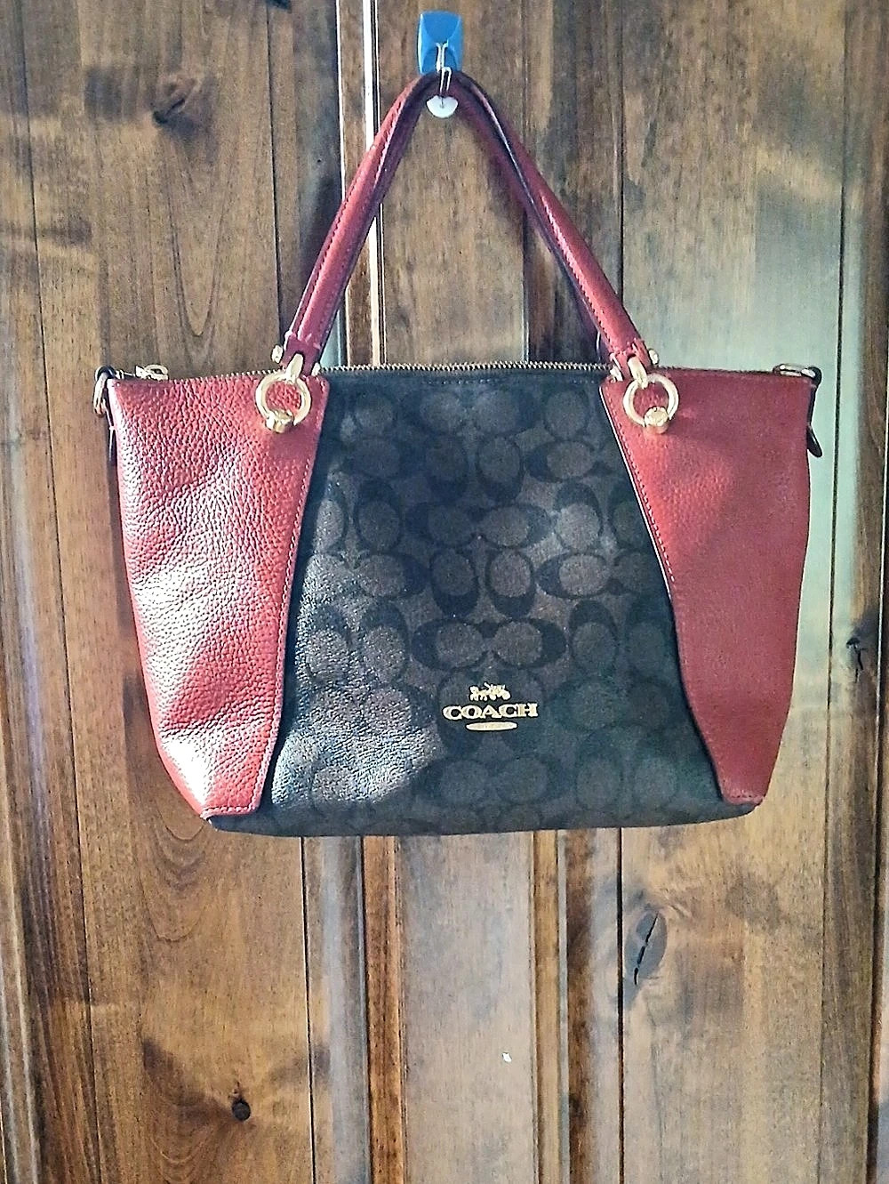 Coach Fiona Zip Tote Bag in Signature Canvas Signature Tote in Red & Brown